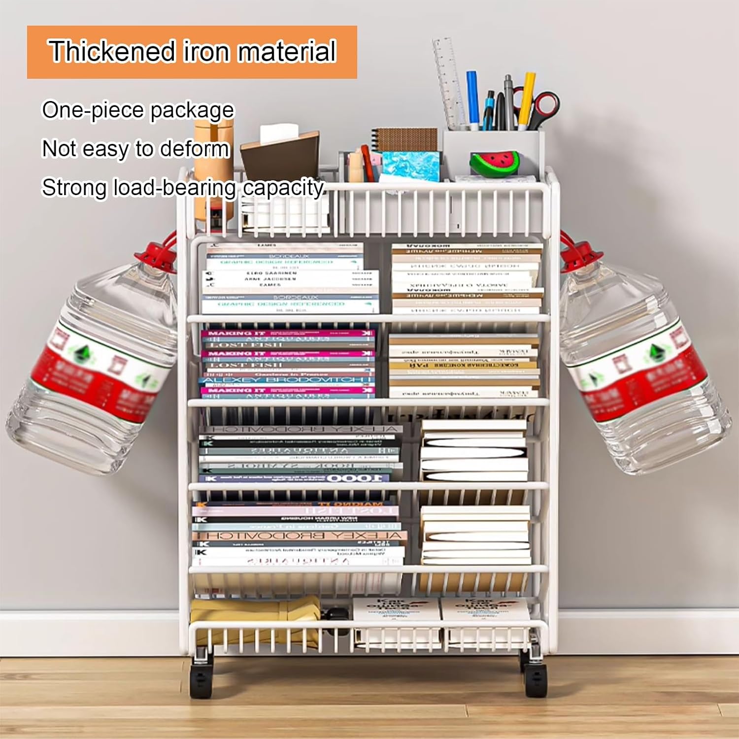 Metal Vertical Bookshelf with Wheels, Bookcase with Storage Organizer, Corner Bookcase Floor Standing Book Shelf for Living Room, Bedroom & Home Office(White)