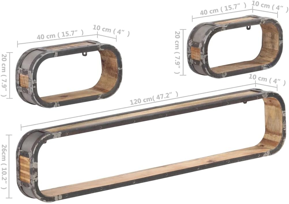 Industrial Style 3 Piece Wall Shelf Set,Floating Shelves,Wall Storage Shelves,Wall Mounted Shelf Organizer Display Shelf,for Living Room,Bedroom,Kitchen,Office,Solid Mango Wood