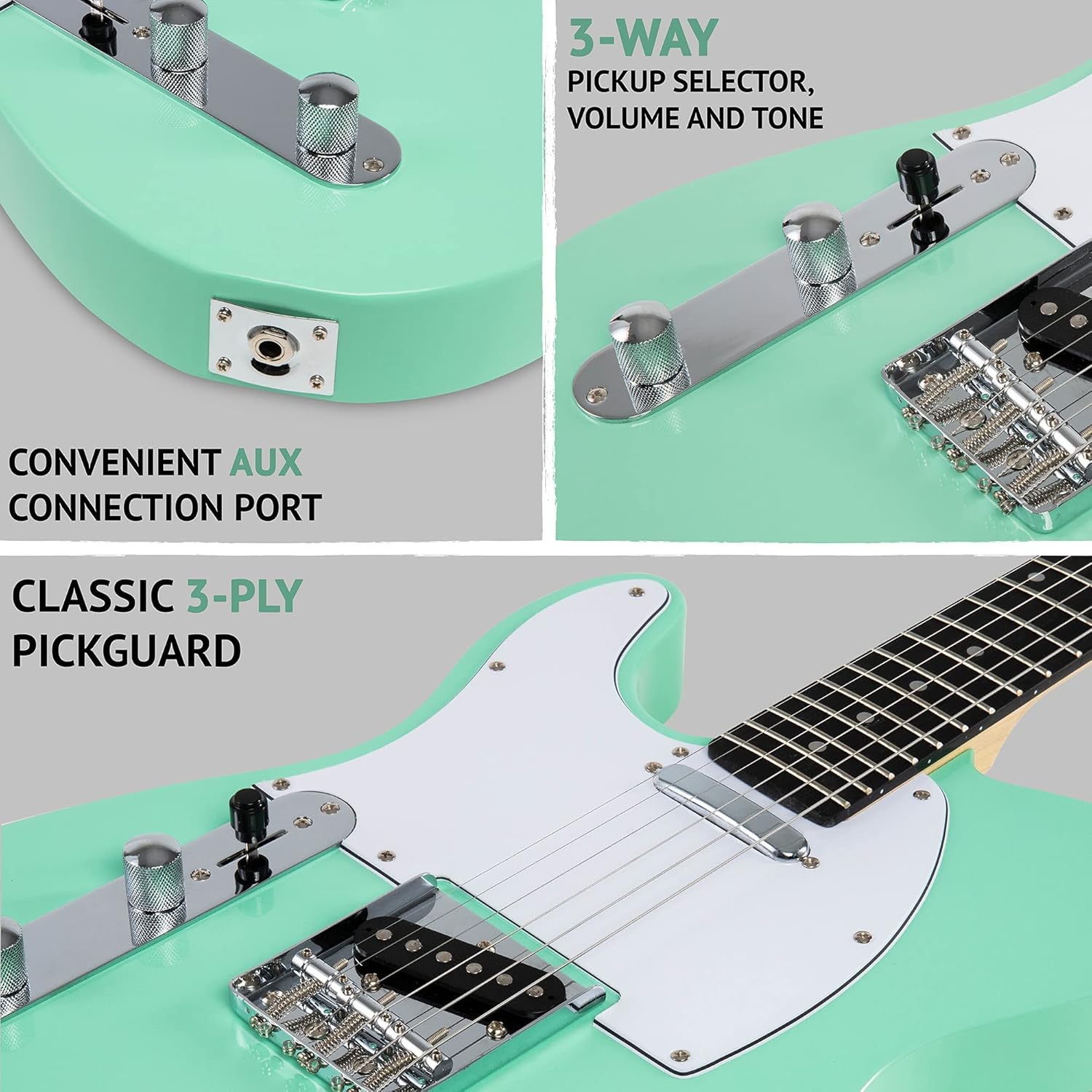LyxPro 39” Electric Guitar TL Series Kit, Left Hand, 20 Watt Amp, Full-Size Body, C-Shape Neck, Quality Tuning Heads, 3-Way Switch & Volume/Tone Controls, 12 Picks And Cable Included - Green