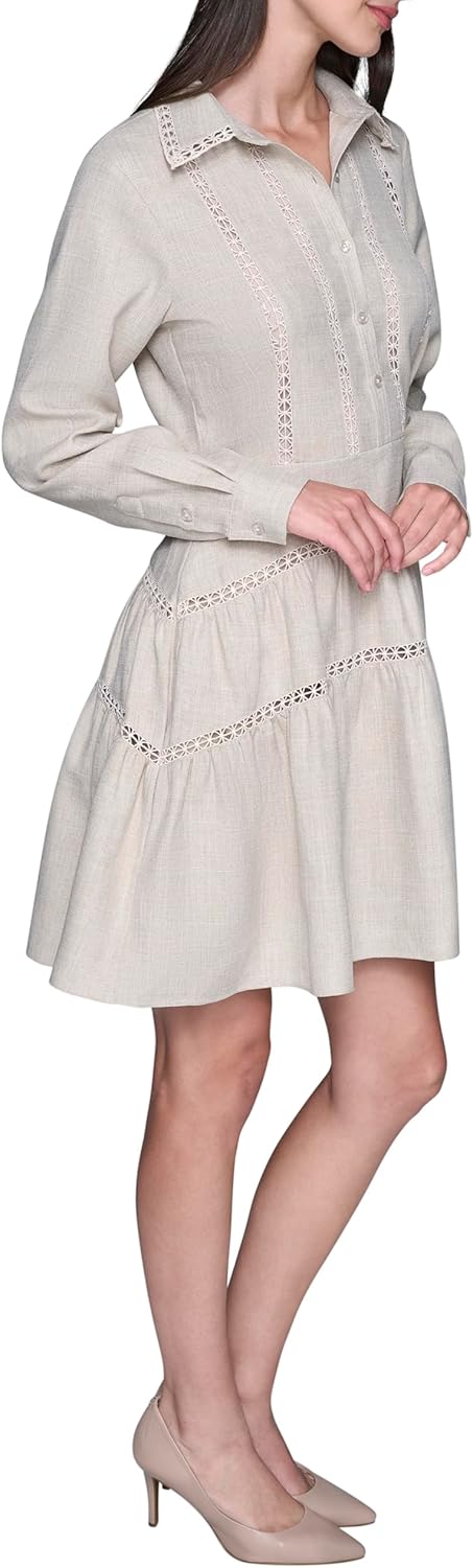 Karl Lagerfeld Women's Long Sleeve Collared Faux Linen Lace Trim Tiered Dress