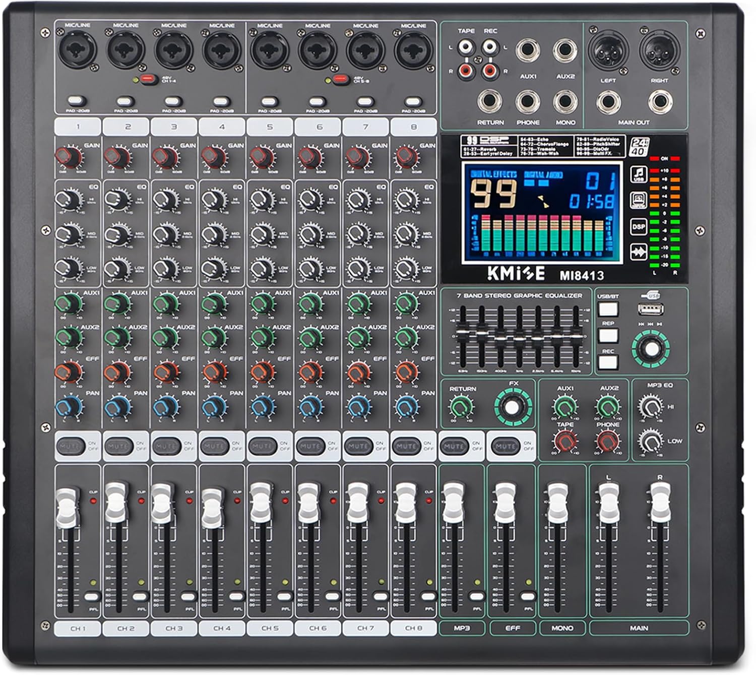 Audio Mixer 8 Channel with MP3 Player 99 DSP Digital DJ Mixer and Effect 7 Band EQ Output 48V Phantom Power Source USB Recording BT USB for Streaming Karaoke Party Stage