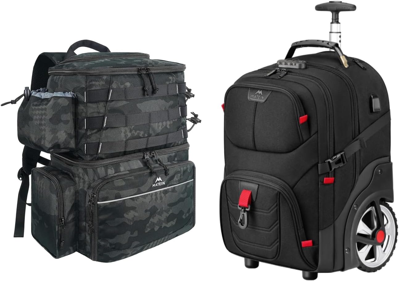 MATEIN Fishing Backpack Tackle Box, Water Resistant Fishing Storage Bag with Rod Holders, 17 Inch Extra Large Laptop Roller Backpack for Adults with Anti Theft Lock & USB Charging Port