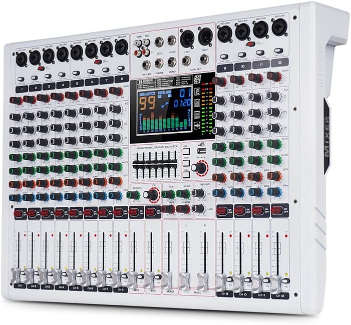 GF12 Multi-Function 12 Channel Audio Mixer with Multi-Effect Processing Built-in Large LCD Color Screen Built-in 7-Stage Equalizer and 99 Reverb DJ Mixer for Performance and Studio (GF12)