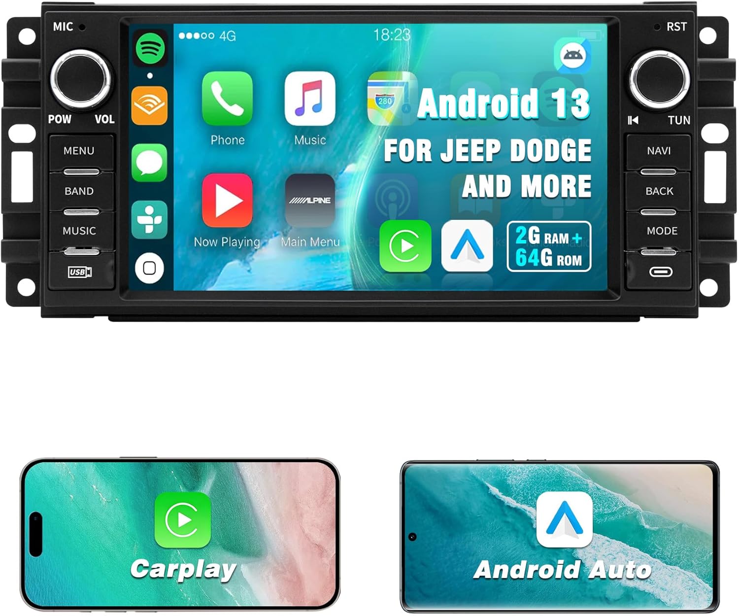 Android 13 Car Stereo for Jeep Wrangler, Chrysler, Dodge RAM 1500-7