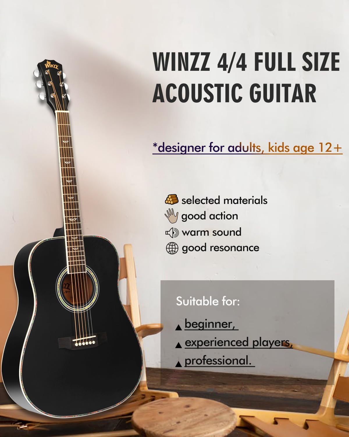 Winzz Acoustic Guitars Full Size, 4/4 Folk Guitar for Beginners Adults, Acoustic Steel-string Guitar Black (41 Inches）