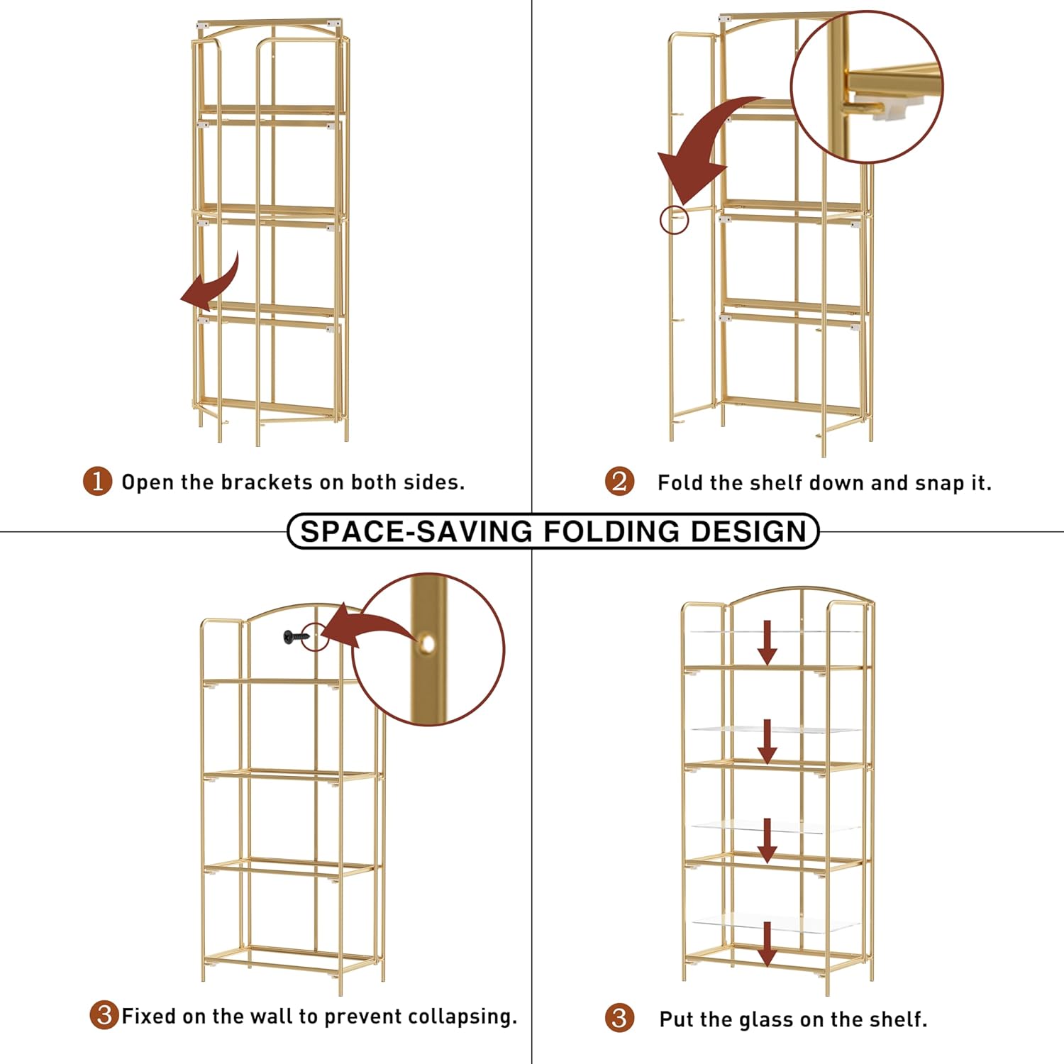 Crofy No Assembly Folding Bookshelf for Living Room, 4 Tier Gold Collapsible Book Shelf for Home Office, Portable Bookcase Storage Organizer