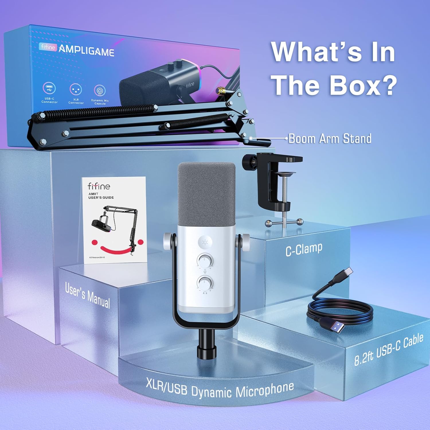 FIFINE Gaming XLR/USB Microphone Kit, Streaming Dynamic Mic Set for PC, Computer Mic for Vocal Podcast Recording Voiceover, with Headphones Jack, Gain Knob, Arm Stand-AmpliGame AM8T White