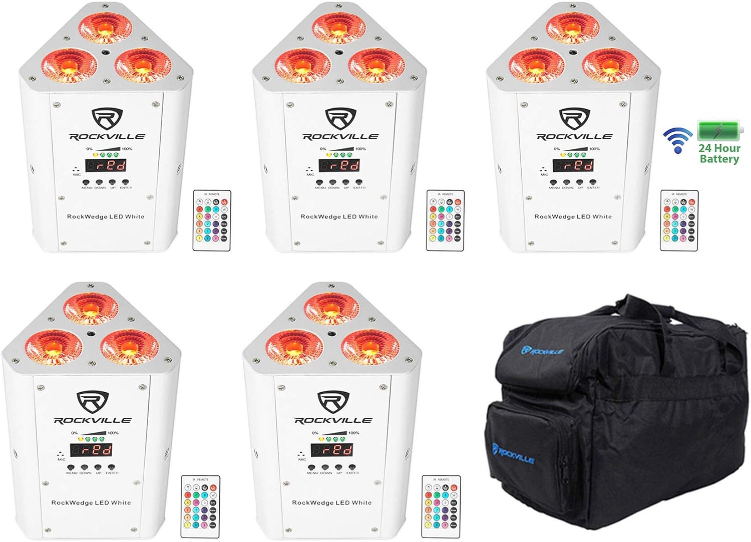Rockville RockWedge LED Bundle: (5) RGBWA+UV Rechargeable Wireless Wash DJ Uplights in White, RLB30 Bag for Slim Par Lights, Controller & Accessories, 6-Items