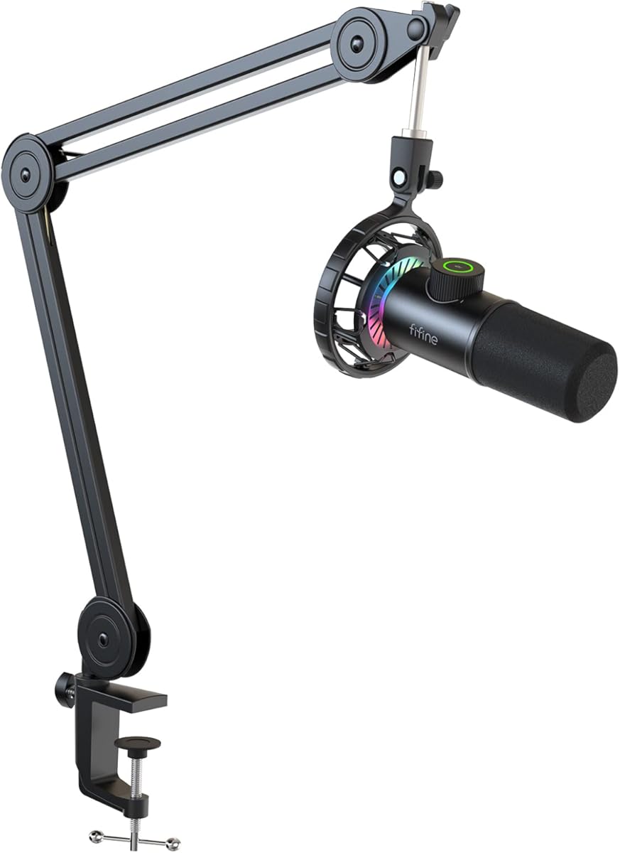FIFINE USB Gaming Microphone and Mic Arm Stand Kit, RGB Dynamic Mic with Tap-to-Mute, Headphones Jack for PC, Heavy Duty Boom Arm Bundle with Desk Mount, 5/8