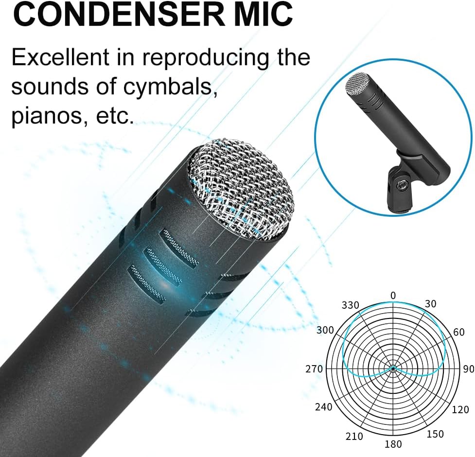 Depusheng 5-Piece Wired Dynamic Drum Mic Kit (Whole Metal) Kick Bass, Tom/Snare & Cymbals Microphone-Use for Drums, Vocal, Other Instrument Complete with Thread Clip 7 On Stage Audio Cables