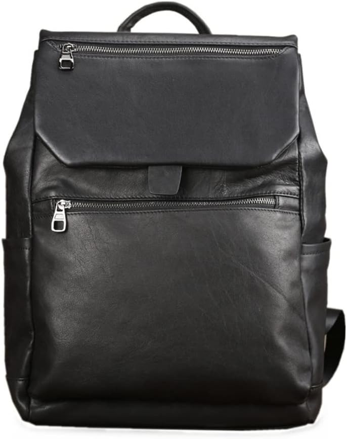 Genuine Leather Shoulder Backpack for Men, Large Capacity Travel Bag, Soft Skin Design for College, Work Gift Box (Black)