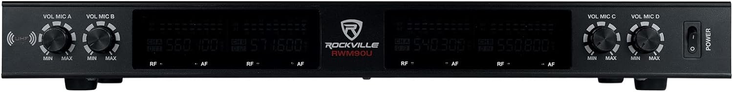 Rockville RWM90U Quad UHF Wireless Microphone System (4 Mics), LCD Display, Metal Casing, 467-491 MHz, 400 ft Range Indoor, Automatic Pairing, for Events and Performances