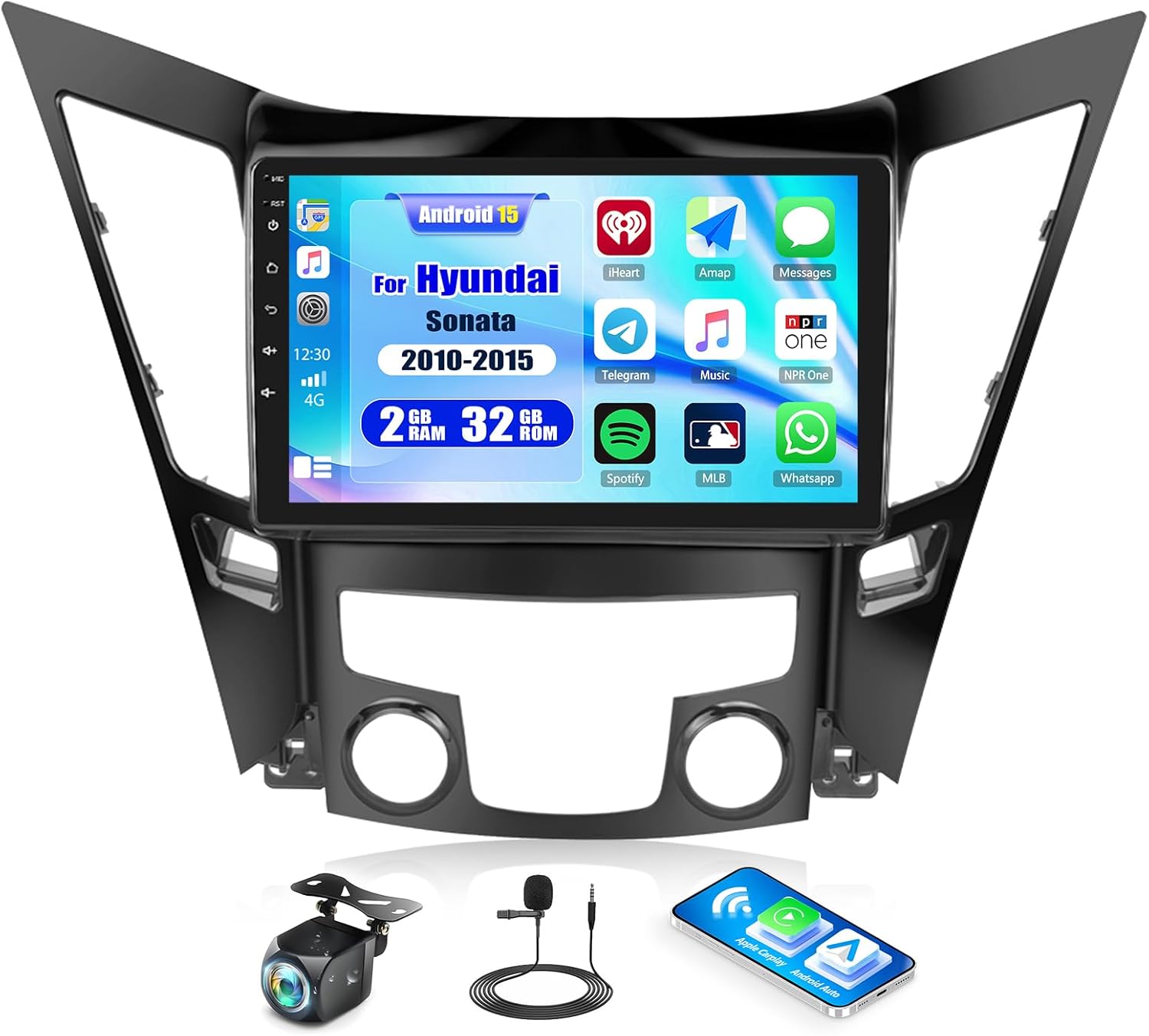 CAMECHO Android 15 Car Stereo for Hyundai Sonata 2010-2015 9 Inch Touch Screen with Wireless CarPlay Android Auto Mirror Link 26UI Bluetooth FM GPS Navigation WiFi SWC Backup Camera 2G+32G