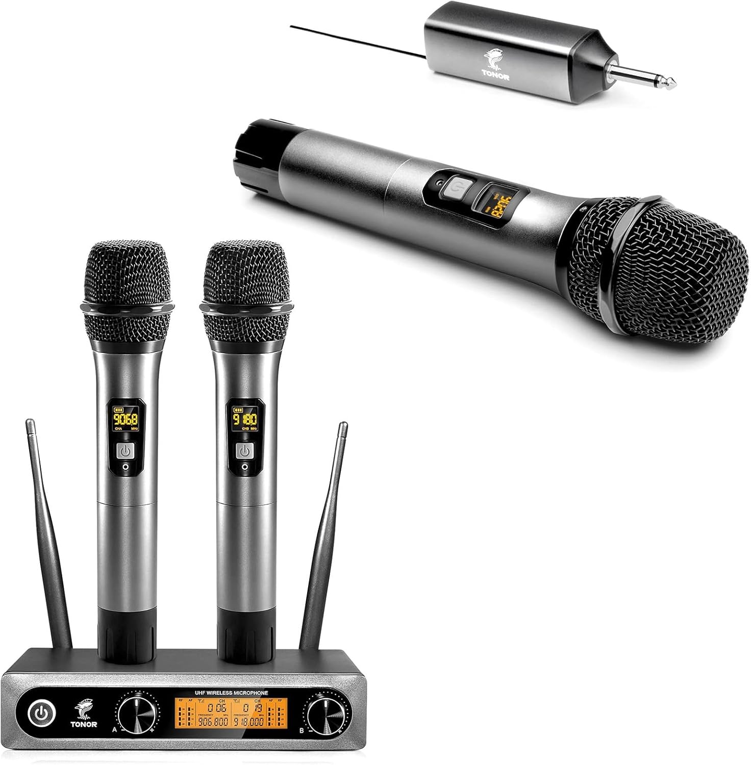 TONOR TW820 Wireless Microphone System and TW620 Wireless Microphone, Metal Professional UHF Cordless Dynamic Mics for Home Karaoke, Wedding, Church
