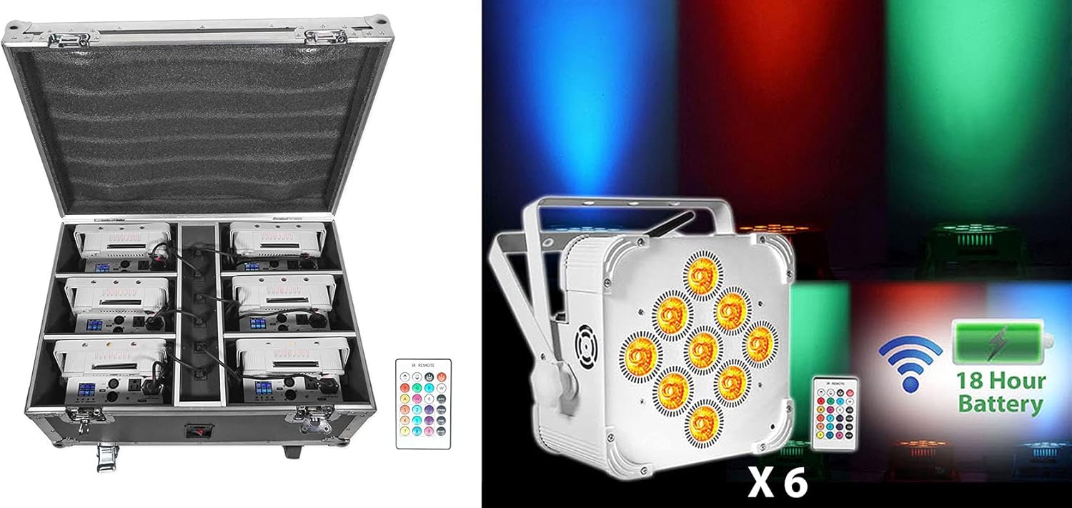 Rockville Best Pack 60 6 White Rechargeable Lights+Case+Wireless DMX Controller