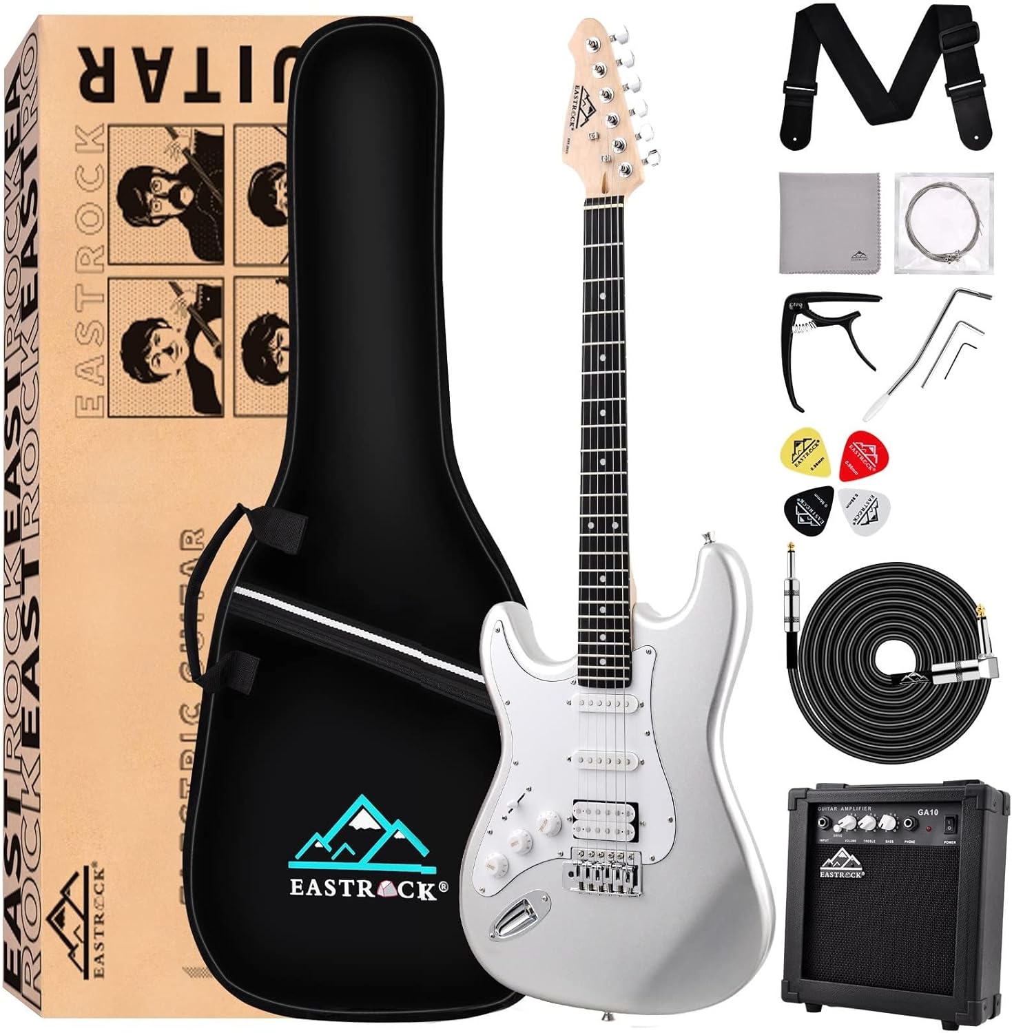 EASTROCK 39 inch Full-Size Electric Guitar Kit for Beginner Starter with 10w Amp, Bag, Capo, Shoulder Strap, String, Cable, Picks.(39