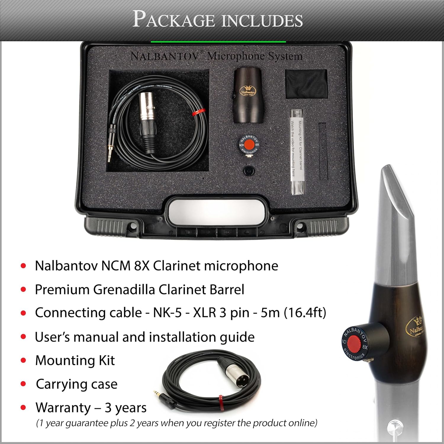 Clarinet Microphone NCM 8X SC Set: Pickup System, Grenadilla Clarinet Barrel, Cable and More