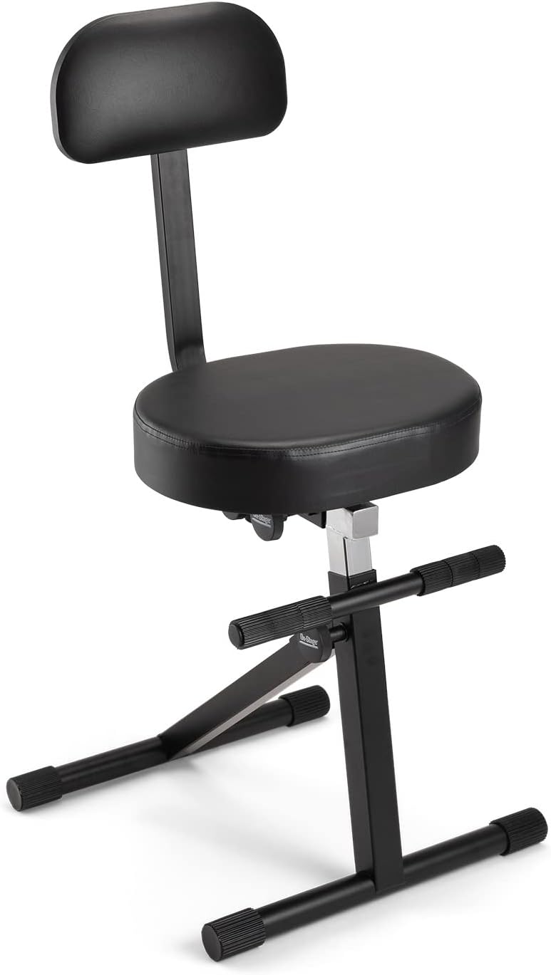 On-Stage DT8500 Guitar/Keyboard Throne (Seating for Keyboards, Pianos, Synths, Organs, and Guitars, Adjustable Height, Padded Backrest, Cushioned Seat, Built-in Footrest, Rubber Feet, Metal, Black)