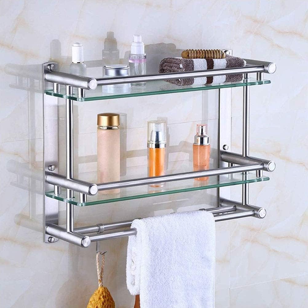 WOLWES SUS304 Stainless Steel Bathroom Glass Shelf with Towel Bar and Movable Hook Rustproof Wall Mount 40-50cm Punch Installation (Color : 2 Tiers, Size : 40cm)