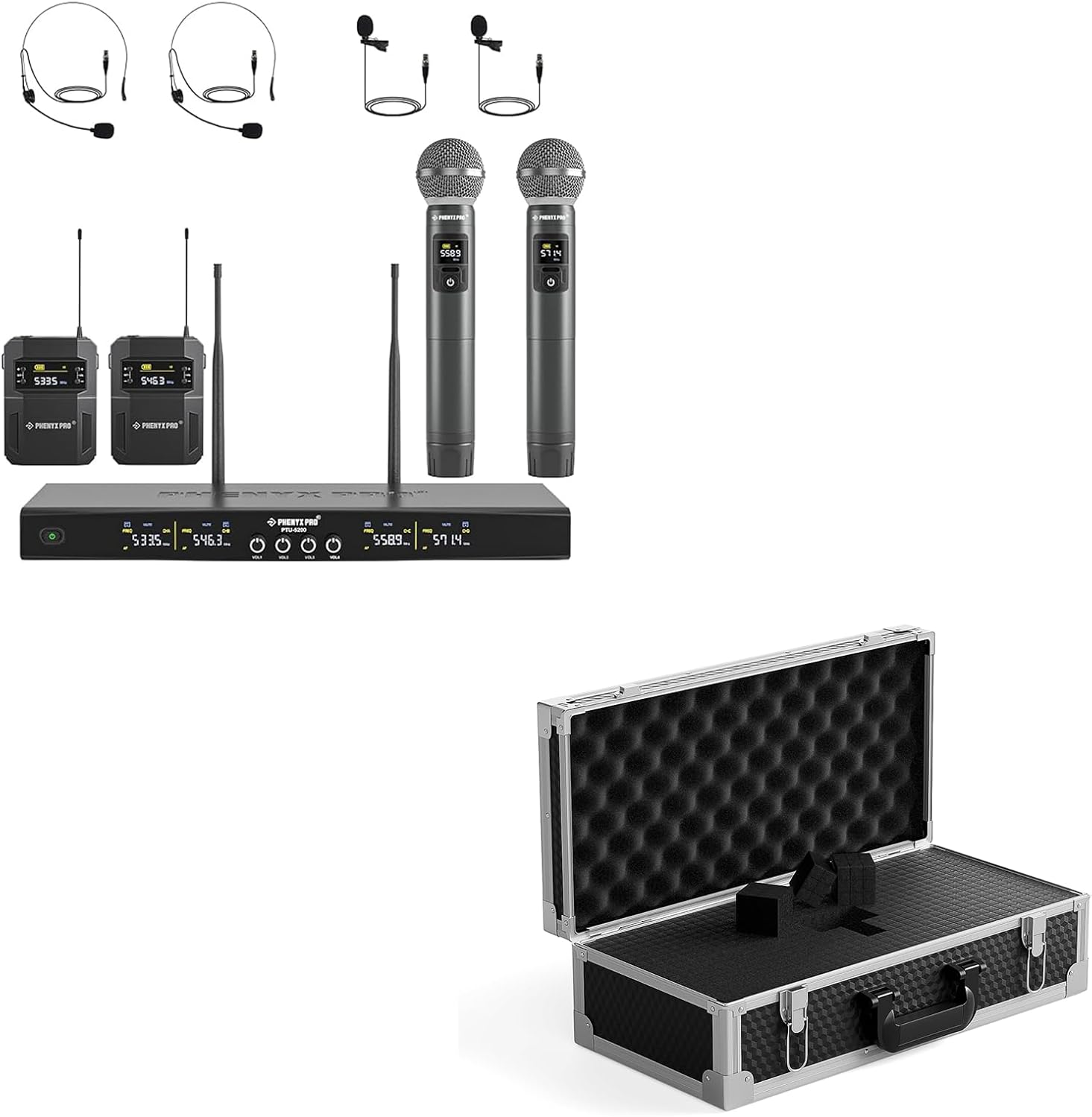 Phenyx Pro Wireless Microphone System PTU-5200-2H2B Bundle with The Customizable Large Size Carrying Case