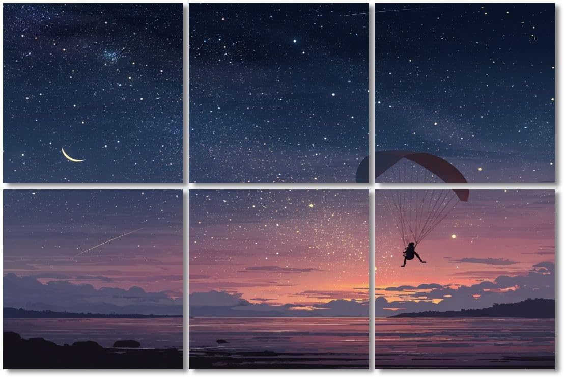 6 Pack Art Acoustic Panels Sound Absorbing Purple Sky Ocean Sky Paraglider Starry Clouds Sunset Moon Painting Decorative Soundproof Wall Panels Self Adhesive for Recording Studios Office 72