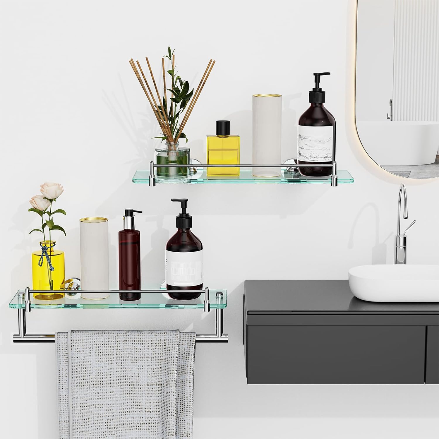 Glass Shelf for Bathroom 2 Pack,16-Inches Floating Glass Shelves Towel Bar/Track(Chrome Polished)