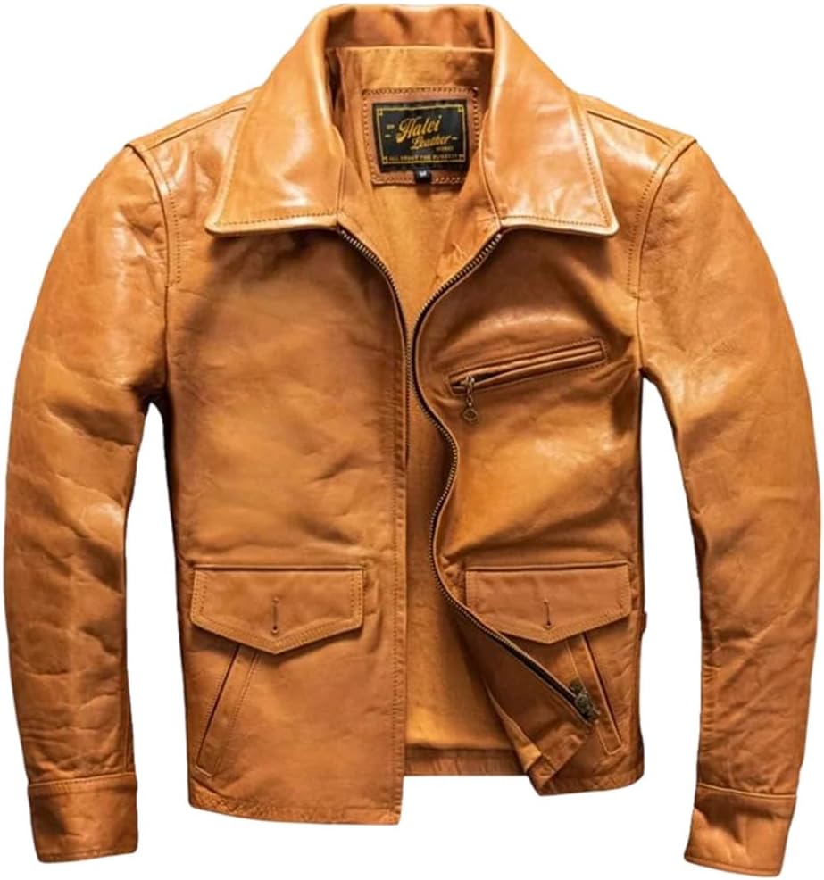 Men American Retro Style Plus Size Genuine Natural Turn-Down Collar Orange Autumn Leather Jacket Coat