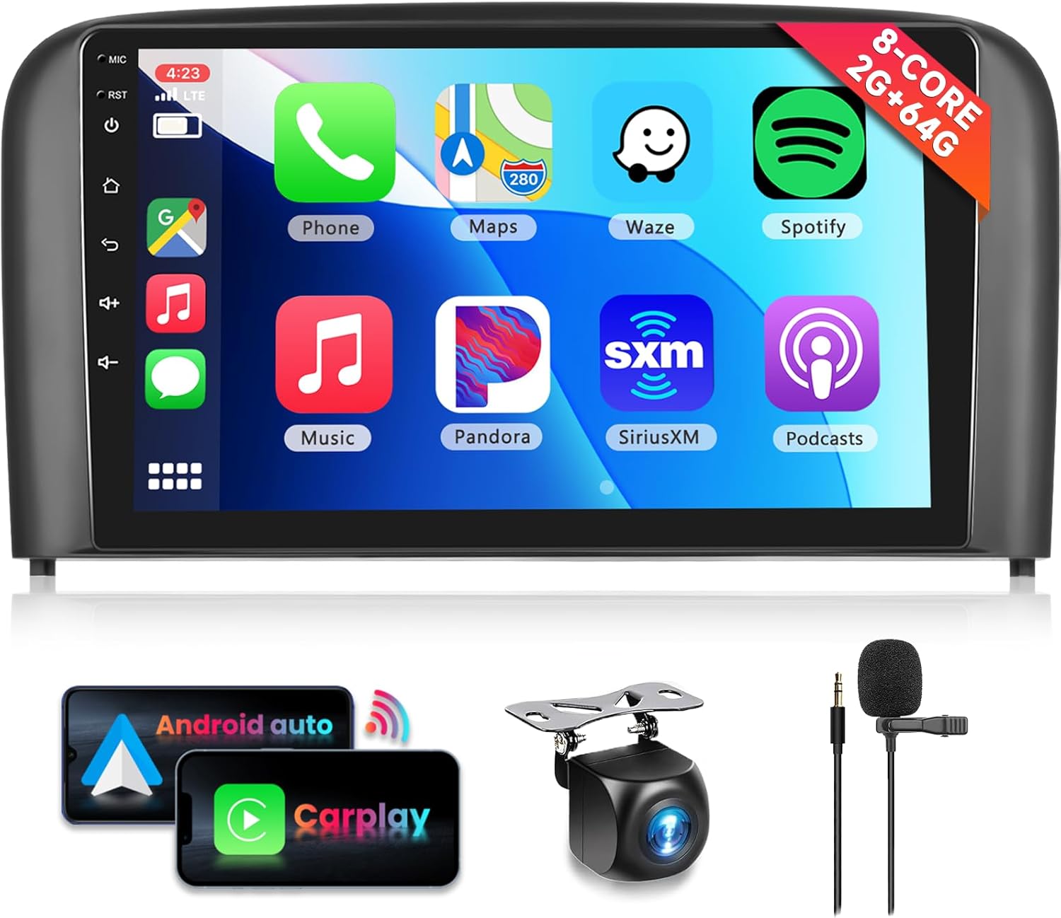 8 CORE 2G+64G Car Radio Stereo for Volvo S80 1999-2006 with Wireless CarPlay Android Auto, 9 Inch 1280 * 720P IPS Touch Screen Head Unit Android 13 GPS WiFi Bluetooth 32-Band DSP SWC HD Camera