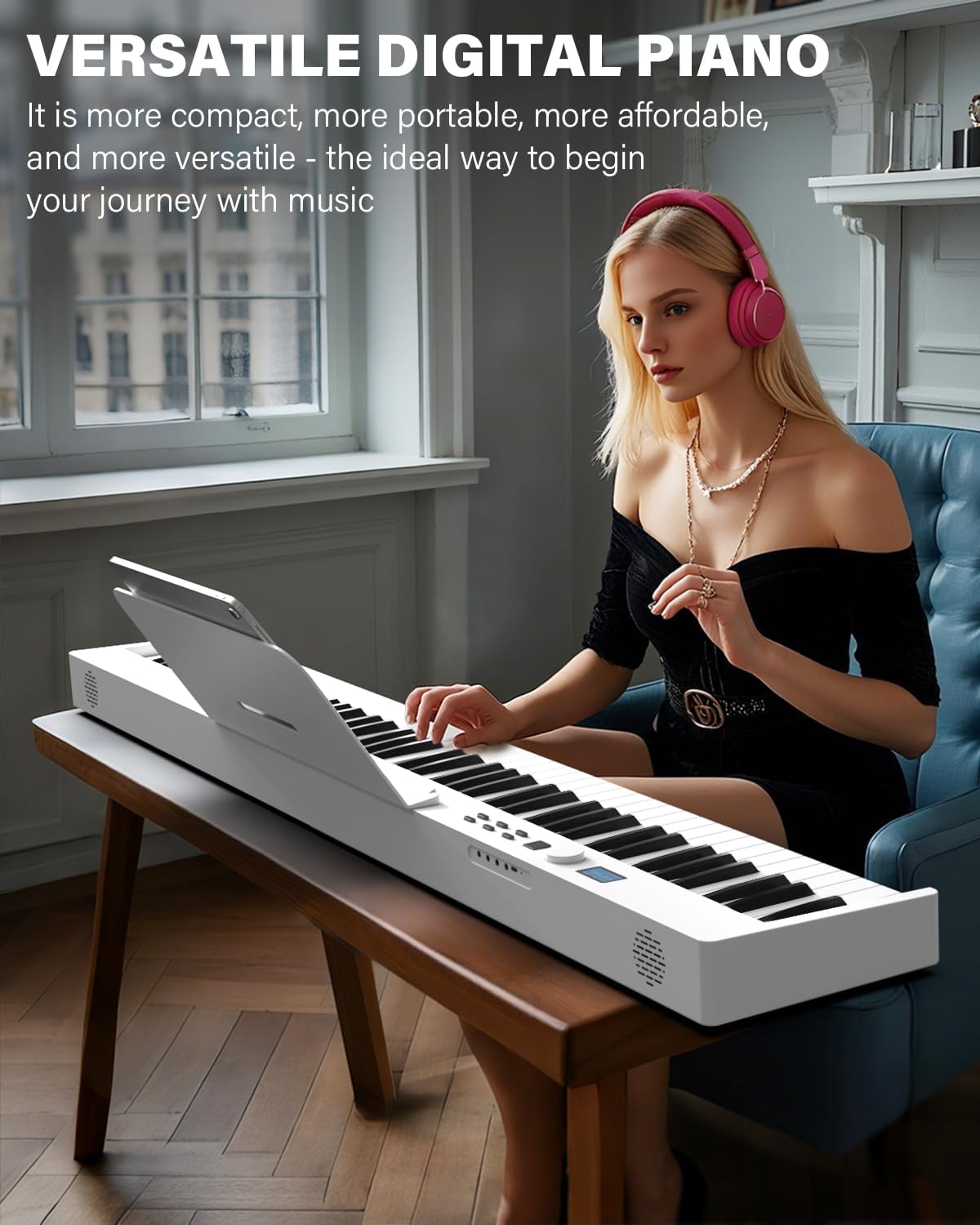 AiJoy ASP-10F 88 Key Piano Keyboard with Semi-Weighted Keys Portable Folding Piano, 128 Tones, Speakers, USB-MIDI, Carry-Bag, Sustain Pedal, Stand Electric Keyboard Piano for Beginners, White