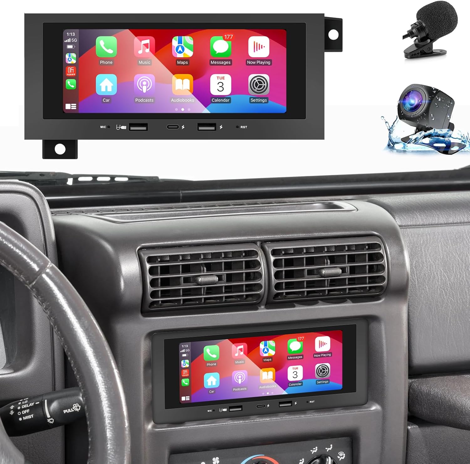 [2G+64G] Car Radio Stereo Head Unit for Jeep Grand Cherokee Wrangler TJ 1997-2002, Dodge Ram 1500 Dakota Cummins 1994-2001, Chrysler Sebring 1996-2005 with Android Auto/CarPlay AHD Camera Mic GPS