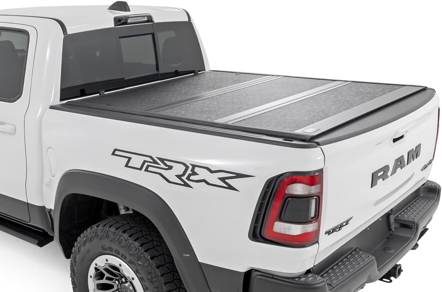 Rough Country Hard Tri-Fold Tonneau Cover for Ram 1500 (2019-2026) & 1500 TRX (2021-2024) - Low-Profile Aluminum Truck Bed Cover, Fits 5'7 Bed
