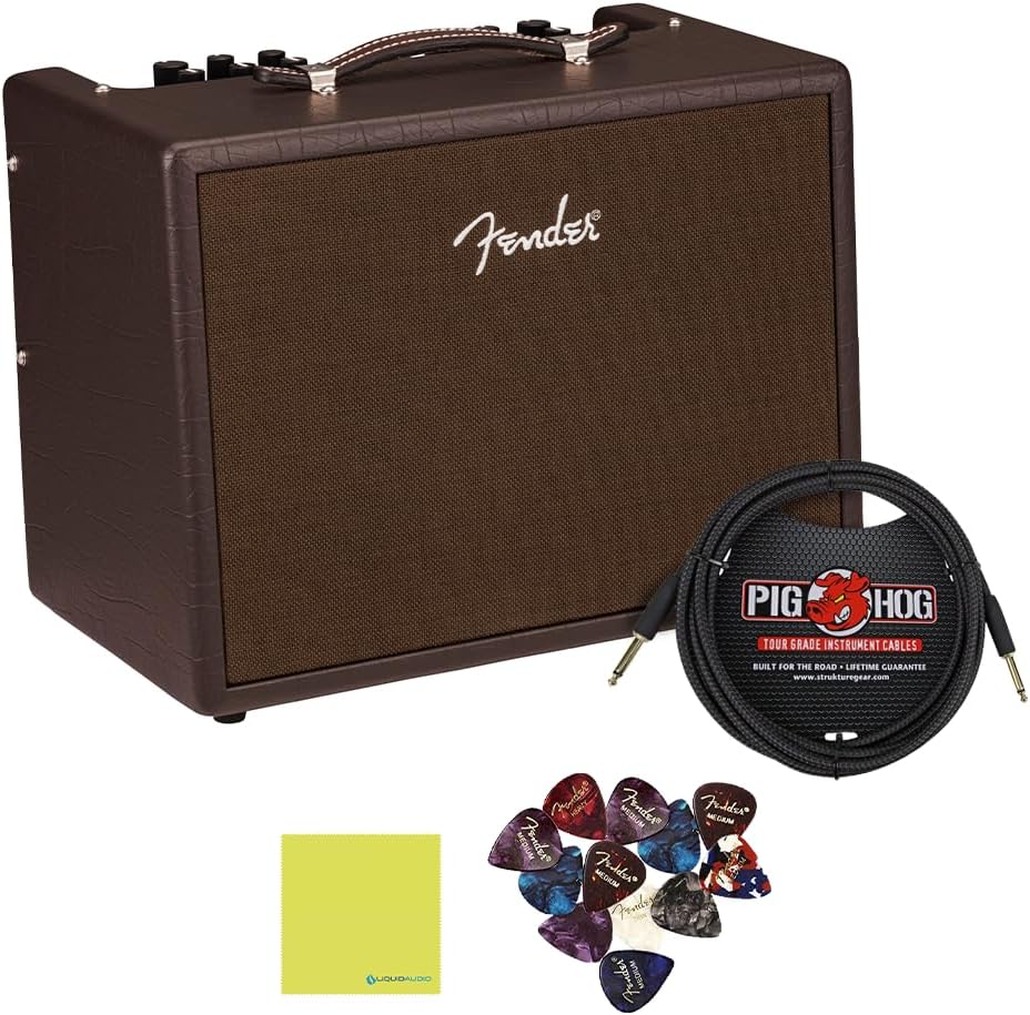 Fender Acoustic Guitar Amp Junior 120V, Dark Brown Color Bundle with Pig Hog “Black Woven” 10ft Instrument Cable, 12X Fender Guitar Picks & Liquid Audio Instrument Polishing Cloth
