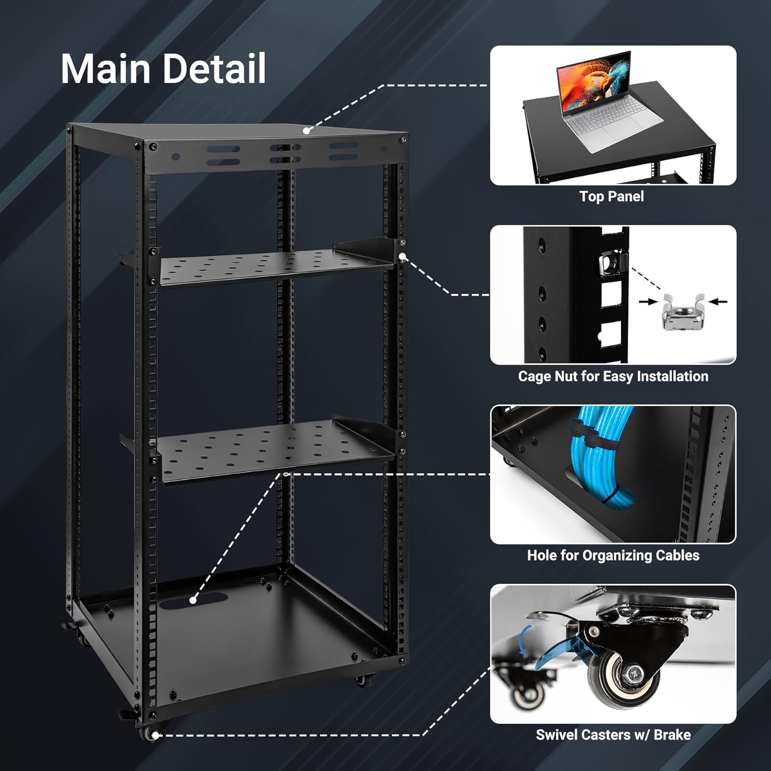 20U Server Rack w/ 2 Racks, Versatile Open Frame IT Rack - Wall-Mount, Rotate and Push w/Ease, AV Rack w/Top & Bottom Panels, Hook and Loop Straps for 19