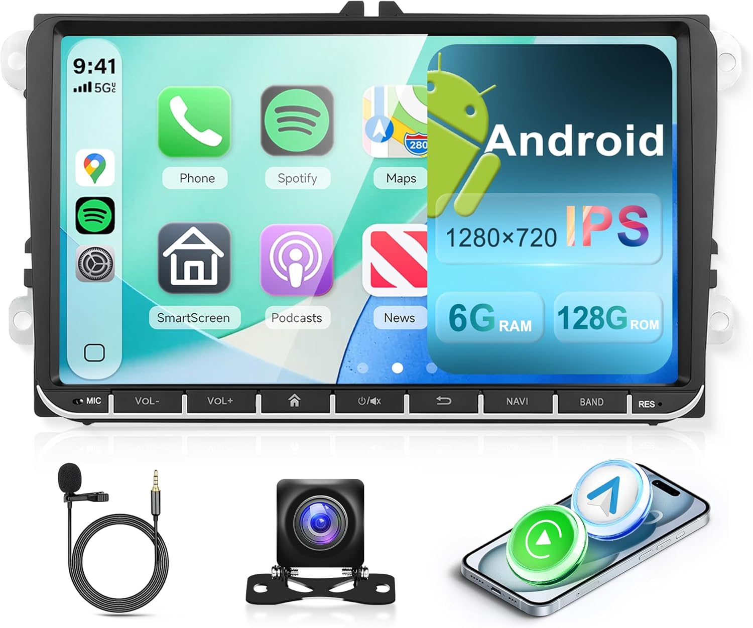 4 Core 4G+64G Car Radio Stereo for Volkswagen VW Seat Passat Jetta Tiguan Golf MK5 MK6 T5 EOS Polo, CarPlay Android Auto, 5GWiFi GPS, 9 inch Touchscreen Stereo, Bluetooth SWC Backup Camera FM RDS EQ