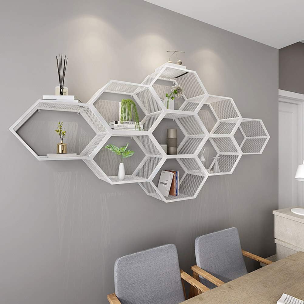 Floating Wall Shelf Metal, Decorative Hexagon Floating Shelves Wall Mount Display Shelves for Books Entryway Office-White 1 A (White 1 A)