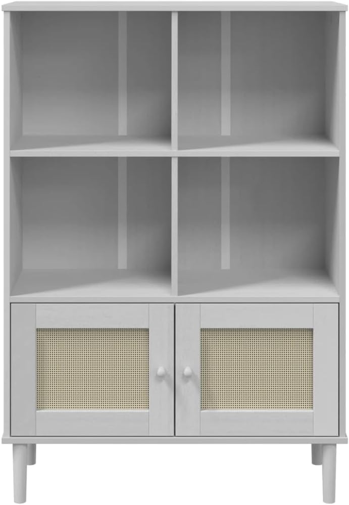White Solid Pine Wood Bookcase, 35.4x13.8x51.2 in, Bohemian Rattan Look, Adjustable Shelves, Living Room Display Shelf Home Office Furniture