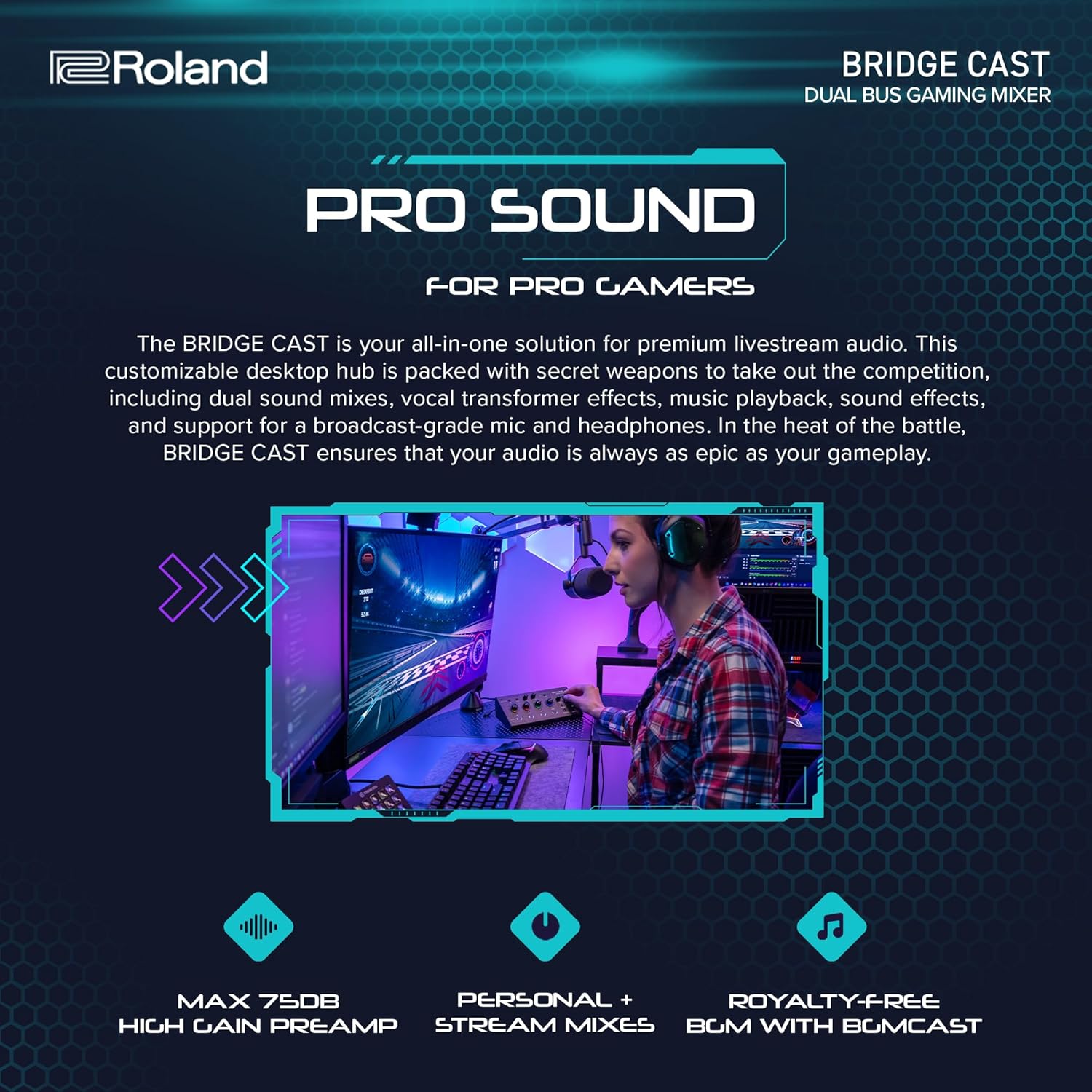 Roland BRIDGE CAST Dual Bus Gaming Mixer in Ice White | Pro Audio Streaming Interface and Mixer for Online Gamers | 32-Bit Hardware DSP | USB-C Windows and Mac Connectivity | XLR Input for Microphones