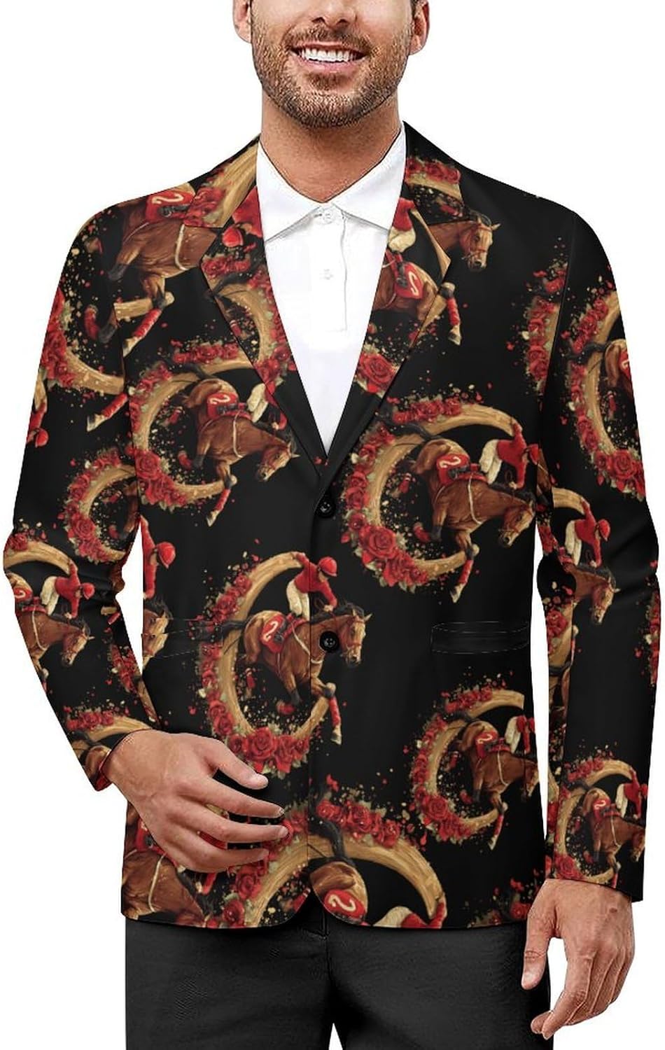 Horse Racing Men's Blazer Printed Button Suit Jacket Slim Sport Coat Blazers