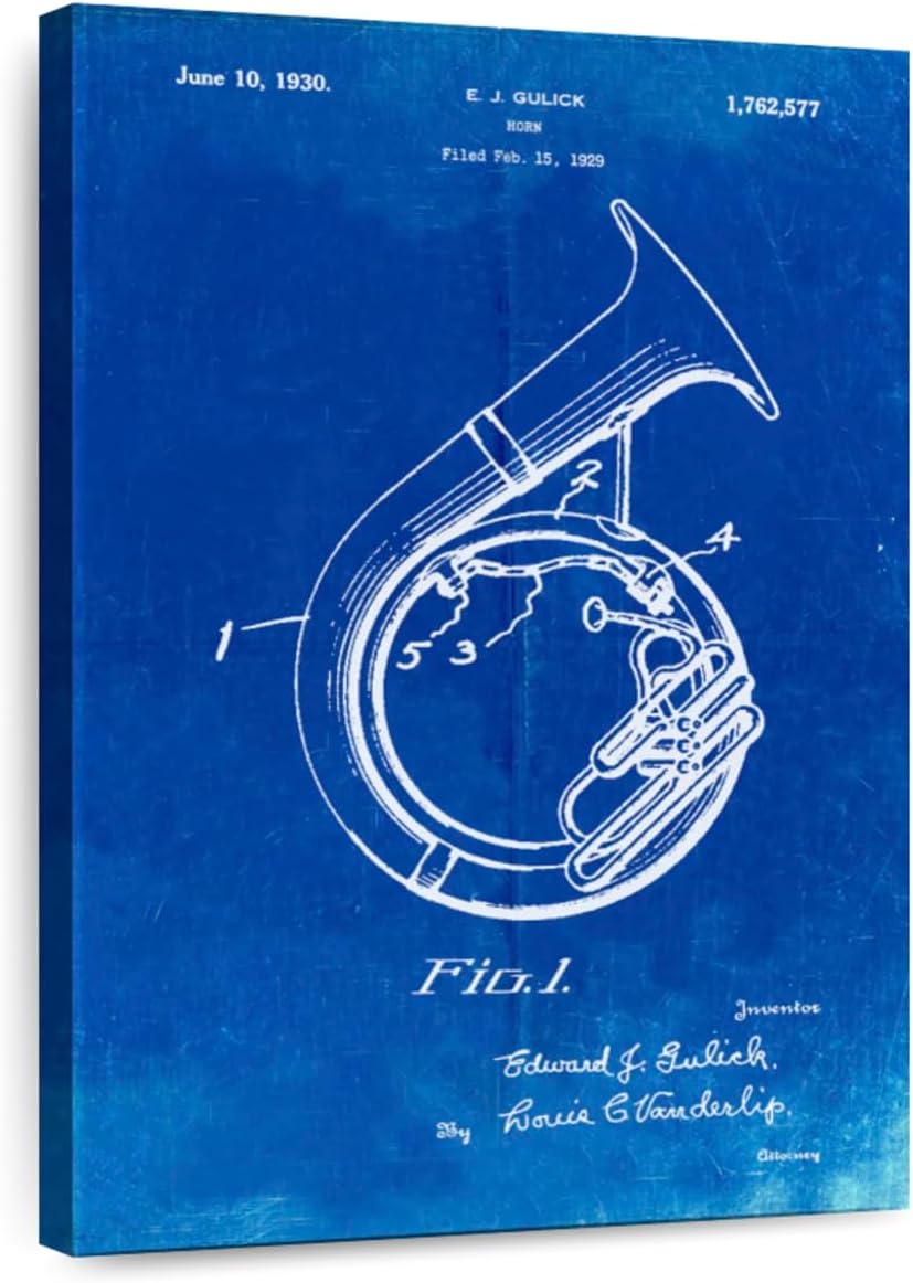 Elephant Stock - Faded Blueprint Sousaphone Patent Poster Wall Art - Vertical Canvas Wall Art - Hallway Wall Decor - Drawing Music Blueprints Canvas Art - Blue And White Decor by Cole Borders - 20