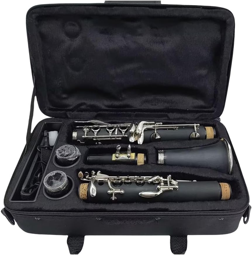 Bb Clarinet for Beginners & Students – Professional B Flat Clarinet 17 Keys with Ebonite Body, Nickel-Plated Keys, 2 Barrels, Cleaning Cloth & Gloves, Carrying Case