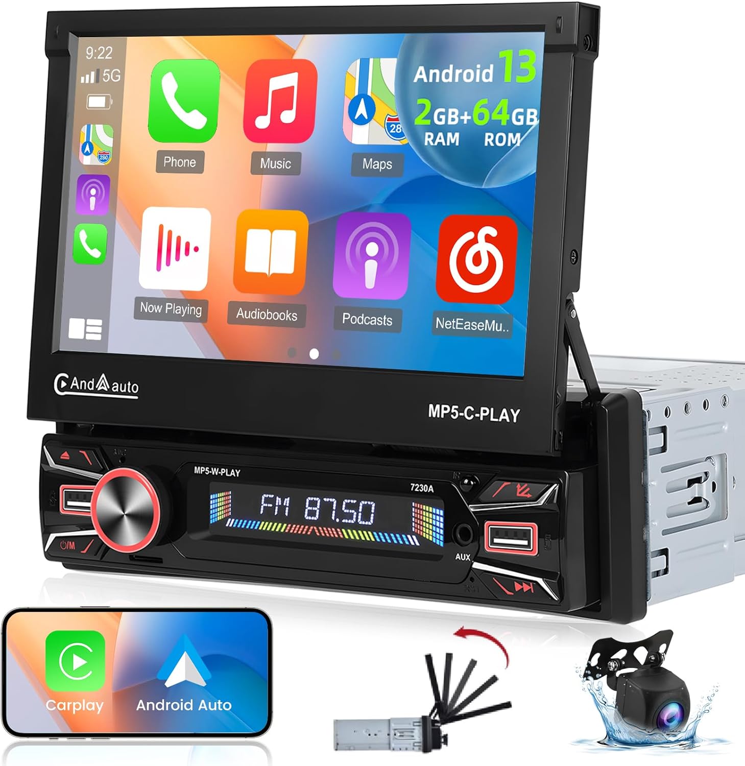 [2+64G] NHOPEEW 7 Inch Automatic Single Din Flip Out Touchscreen Car Stereo - Android 13 Car Radio with Wireless Carplay and Android Auto - WiFi/GPS/Mirror Link/SWC + AHD Backup Camera