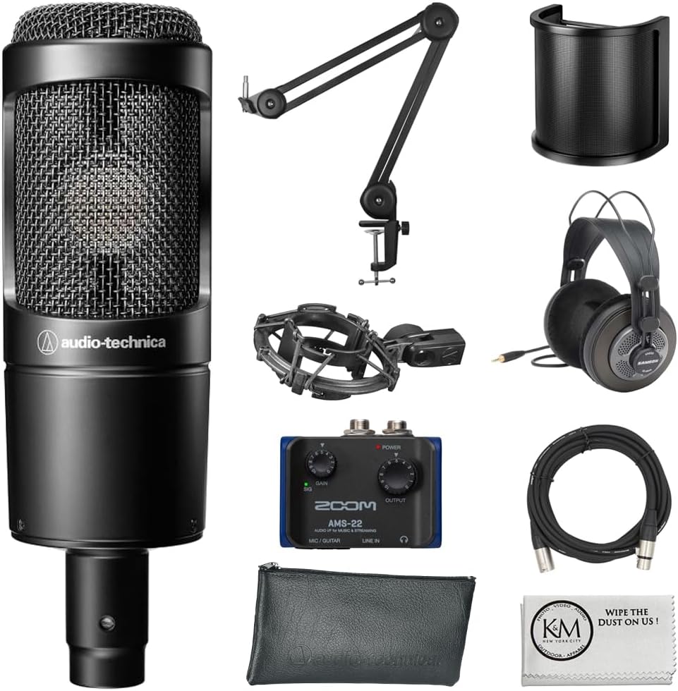 Audio-Technica AT2035 Cardioid Condenser Microphone Bundle with Audio Interface + Studio Headphones + Microphone Arm + Pop Filter + XLR Cable + Cleaning Cloth (7 Items)