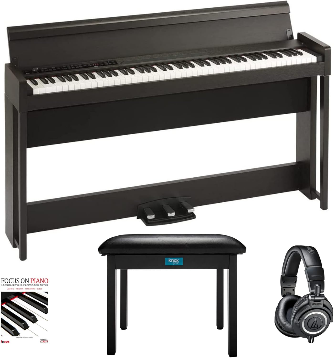 Korg C1 88-Key Digital Piano (Rosewood Brown) Bundle with ATH-M50X Professional Studio Headphones, Flip-Top Bench, and Book (4 Items)