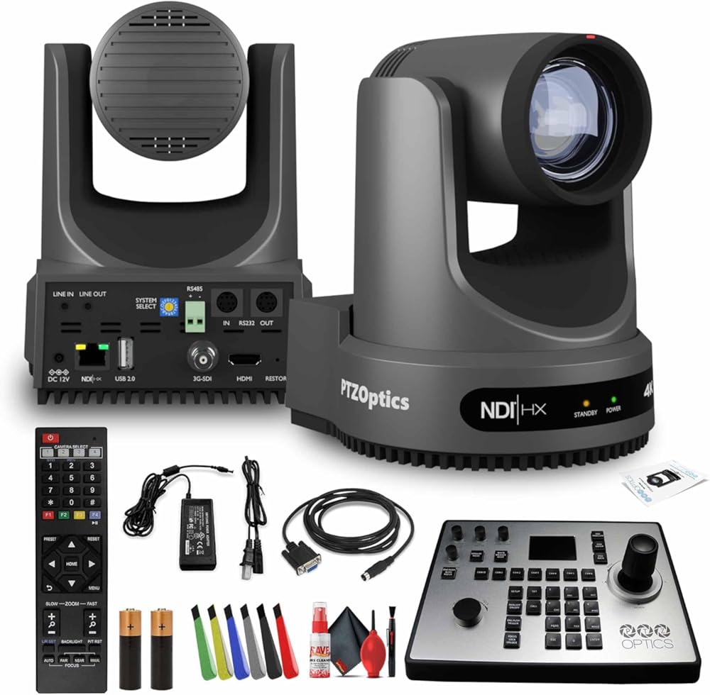 PTZOptics Move 4K SDI/HDMI/USB/IP PTZ Camera with 12x Optical Zoom (Gray) (PT12X-4K-GY-G3) PT-Joy-G4 Joystick Controller + Cleaning Kit and Color Wire Ties Bundle