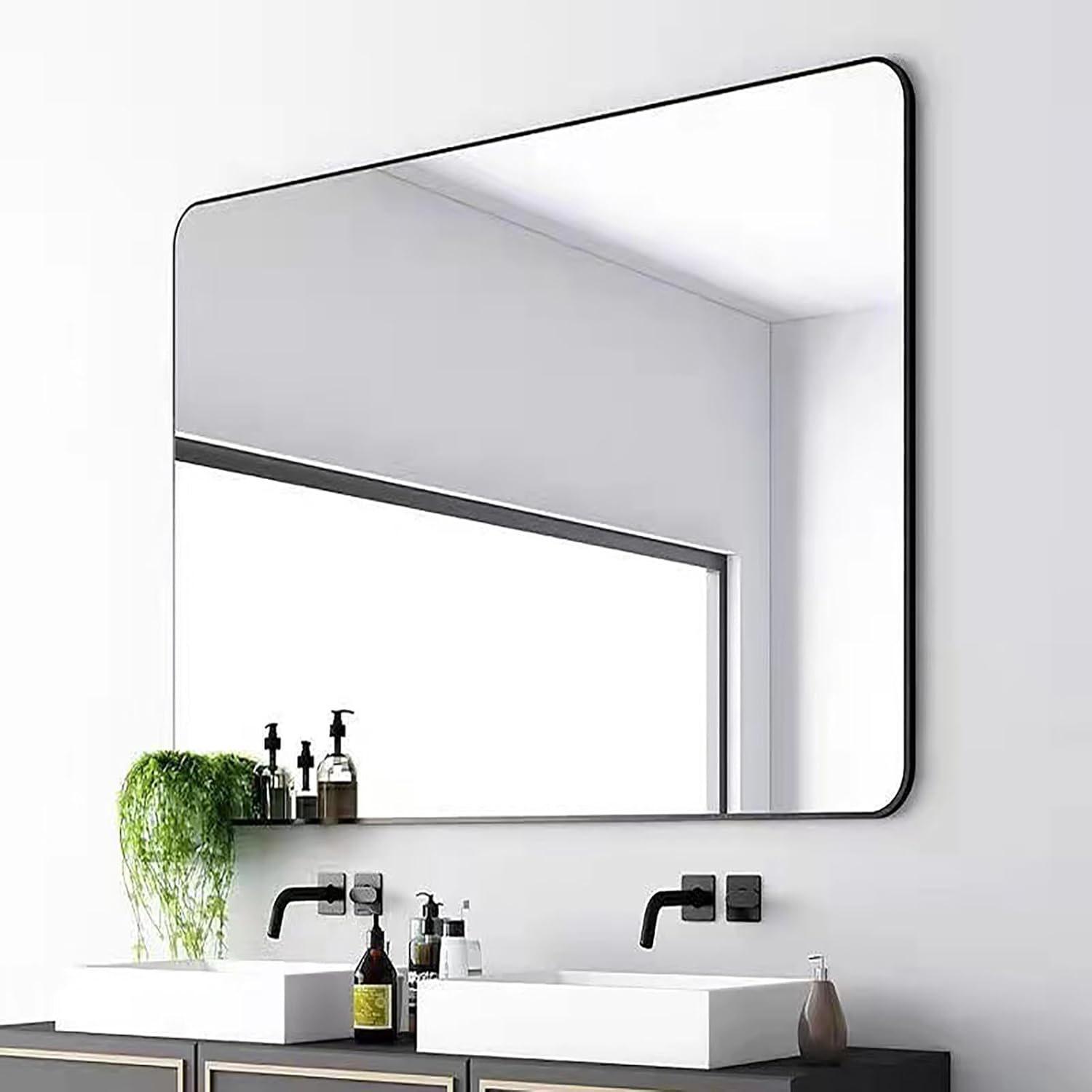 Punch Free Modern Bathroom Mirror, Three Color Frame Square Corner Rectangular Bathroom Wall Mount Vanity Mirror for Bedroom Living Room, Horizontal Or Vertical Hang(Size:60*100cm/23*39in,Color:Gold)