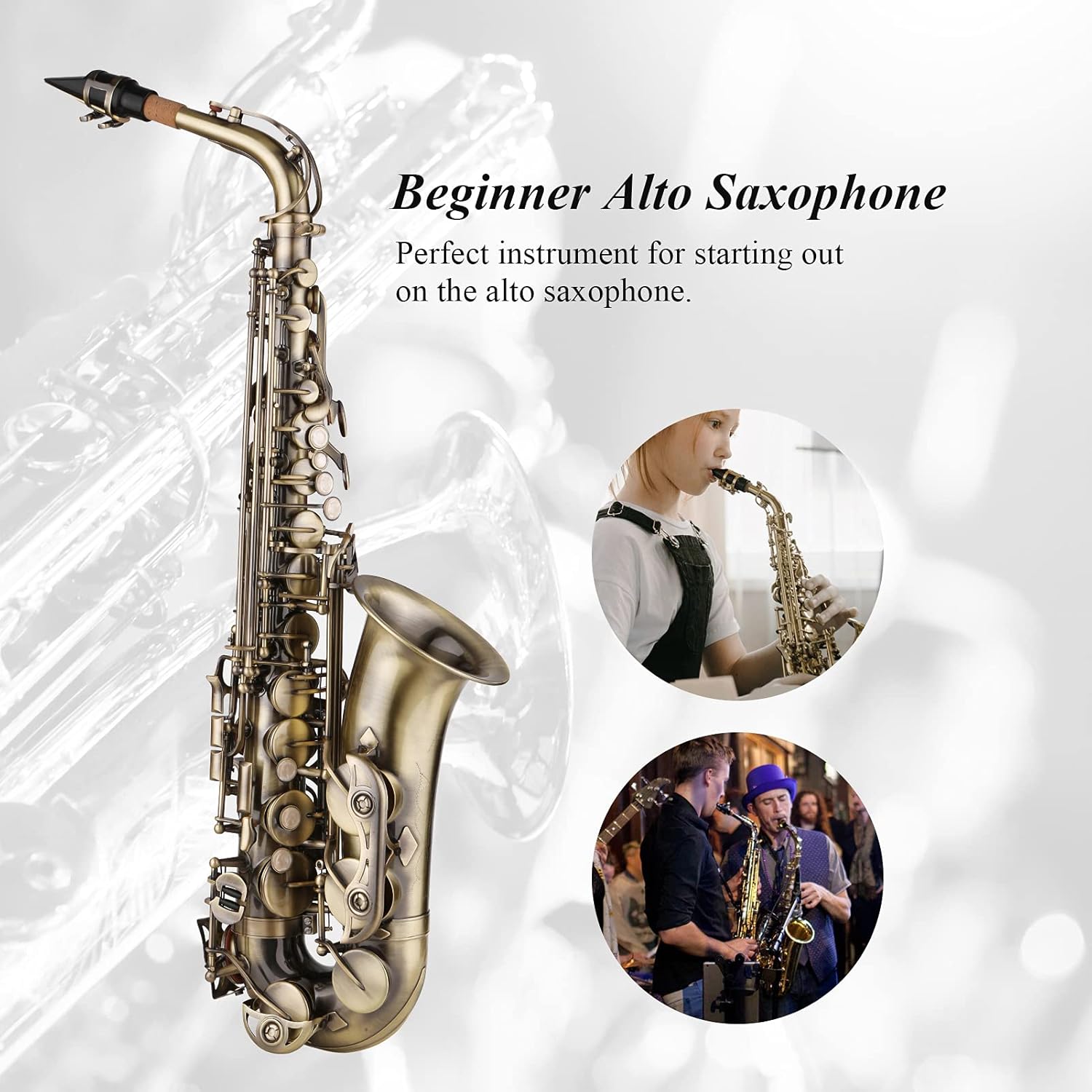 Alto Saxophone Vintage Style Alto Sax Woodwind Instrument with Carrying Case, for Beginner Student Intermediate Player