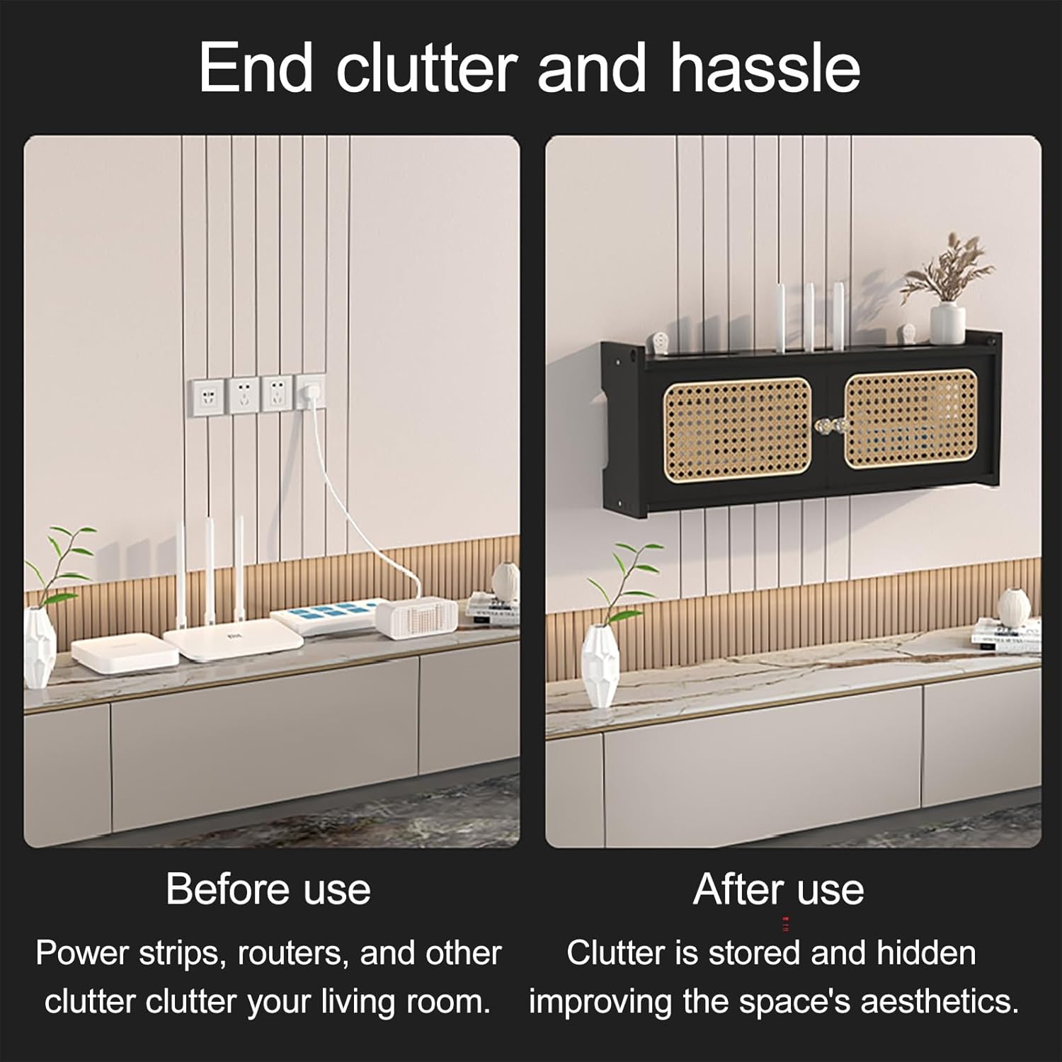 Wall-Mounted Rattan WiFi Router Shelf, Decorative Modem & Cable Organizer Box, Cable Power Plug Wire Storage Boxes, Invisible Storage Multi-Layer Shelves for Home(Black,60*11*23cm/24*4.3*9in)