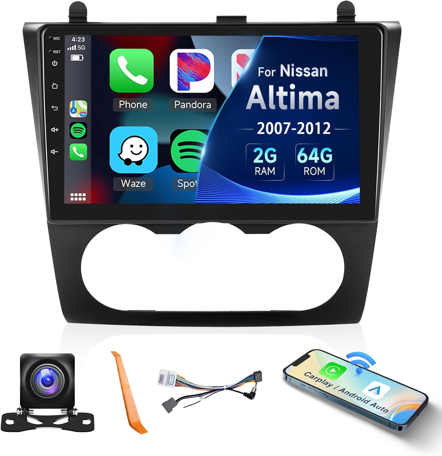 2+64G Car Stereo for Nissan Altima 2008-2012 (Manual A/C) Wireless Carplay Android Auto,9 inch Touch Screen Radio, Android/GPS/WiFi/EQ DSP Audio/Bluetooth/SWC/Backup Camera Radio for Altima