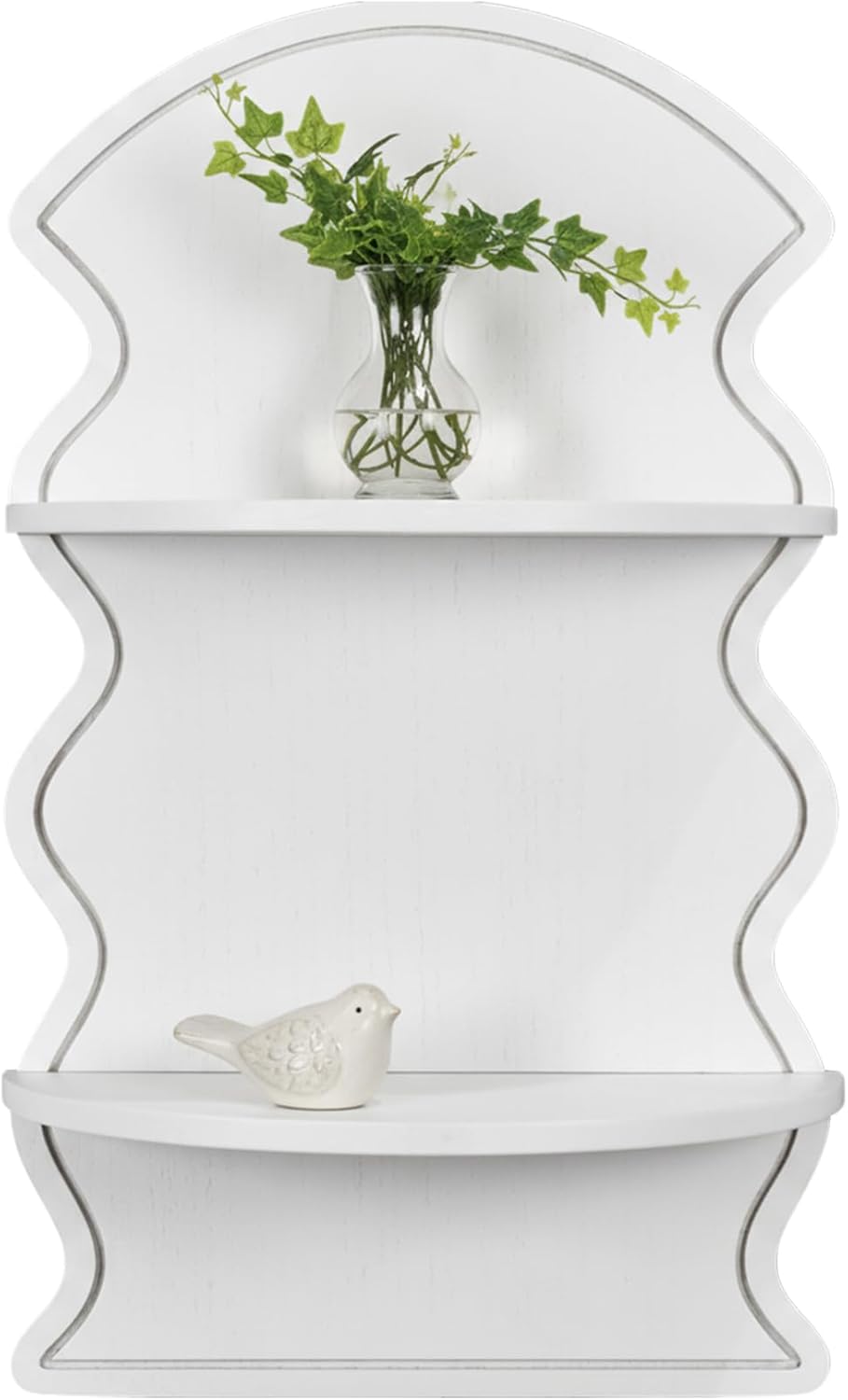 American Art Decor White Wavy Arched Lunar Ledges Wall Shelf, Wooden 2-Tier Floating Bookshelf for Wall, Carved Fluted Arch Display Shelf for Bedroom Bathroom Kitchen Living Room Decor, 14