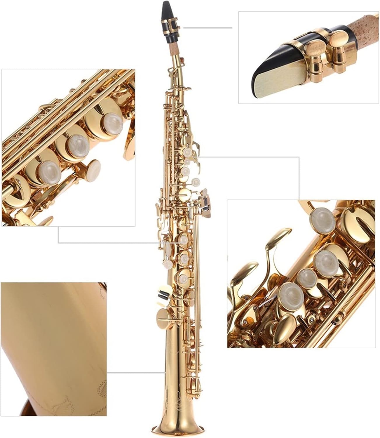Brass Straight Bb B Flat Sax Saxophone Woodwind Instrument Natural Shell Key Carve Pattern with Carrying Case (Color : 2)